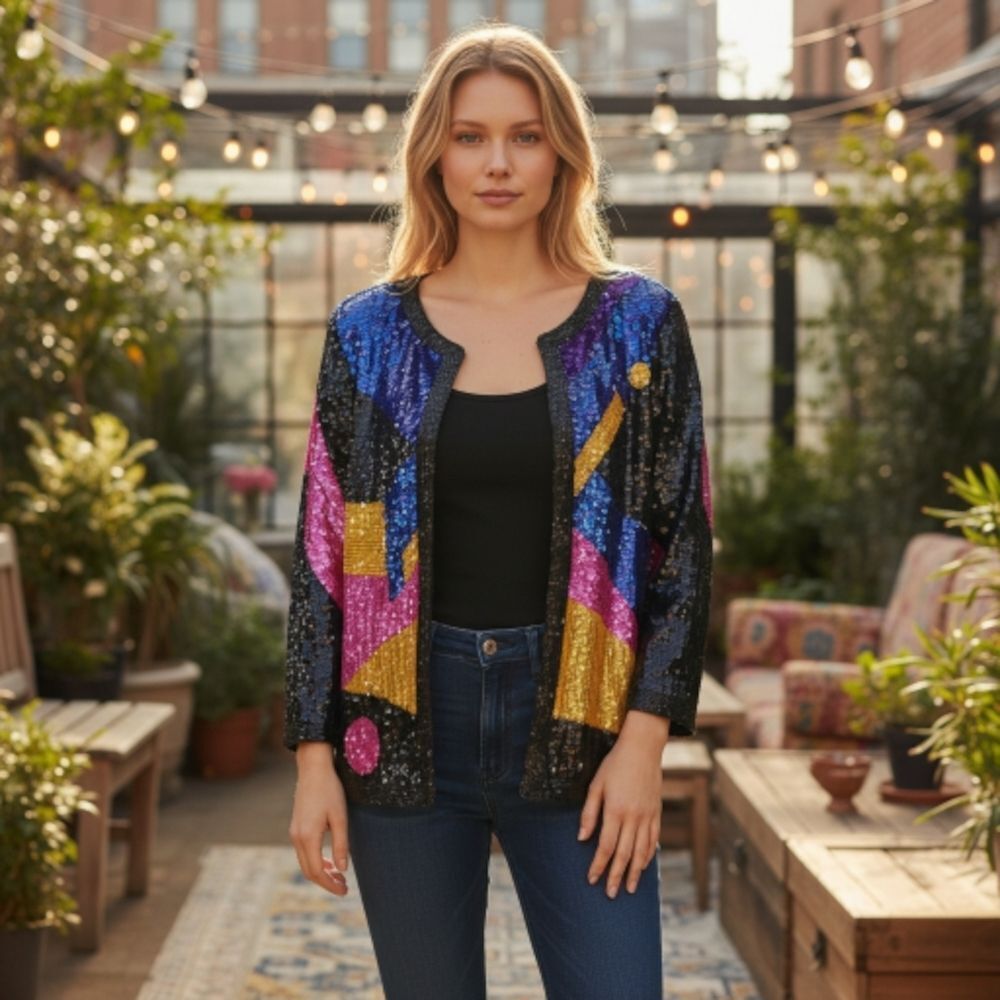 Vintage Geometric Colorblock Sequin Jacket | Tag Size Medium